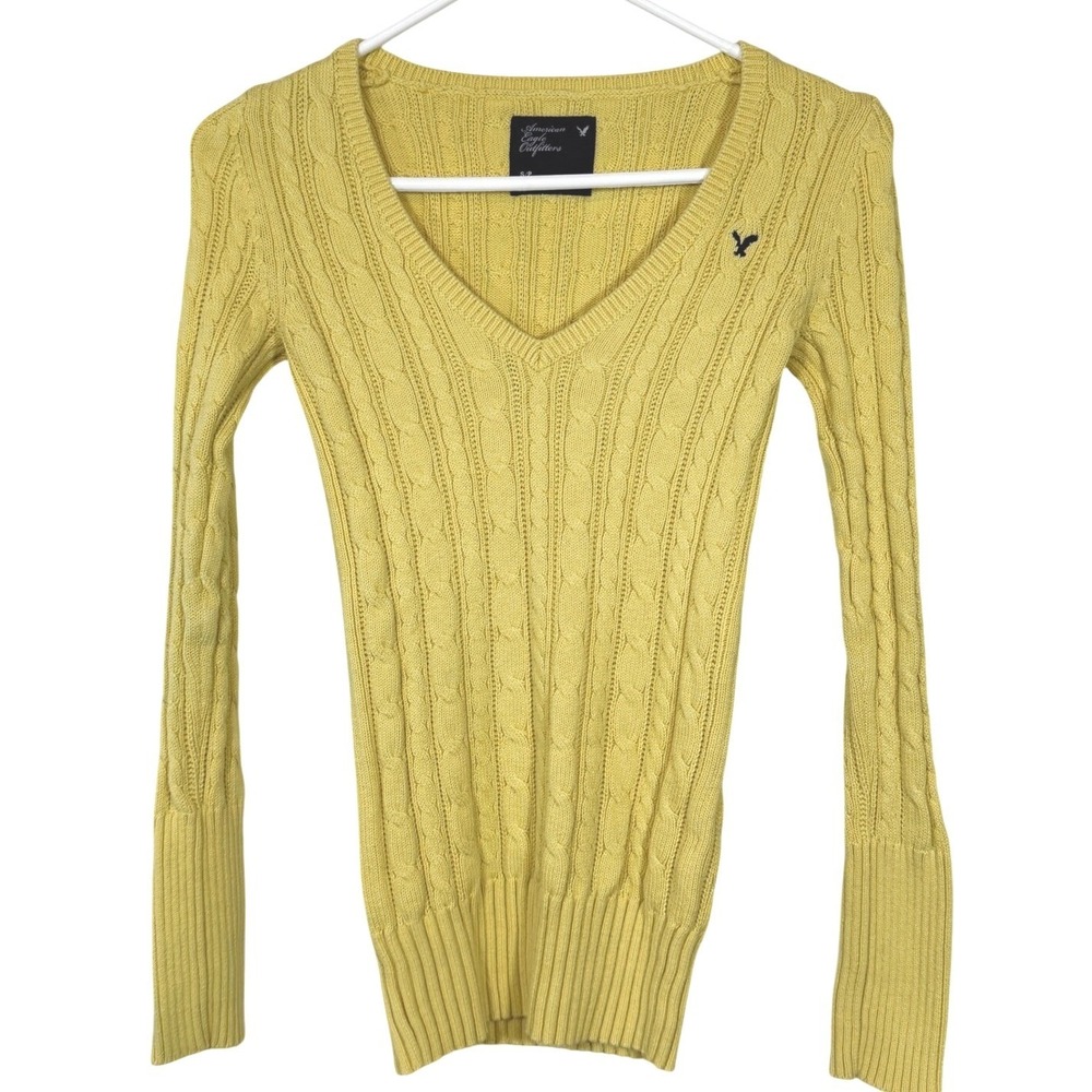 Vintage Y2K Cable Knit Sweater Small American Eagle Light Yellow preppy v neck